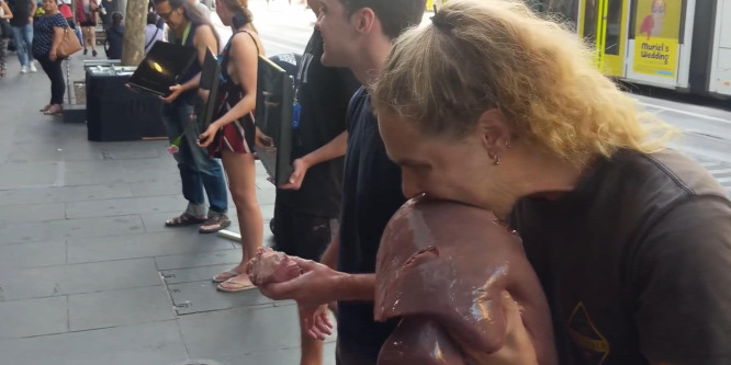 Vegán tüntetők ellen tiltakoztak: nyers májat ettek a nyílt utcán