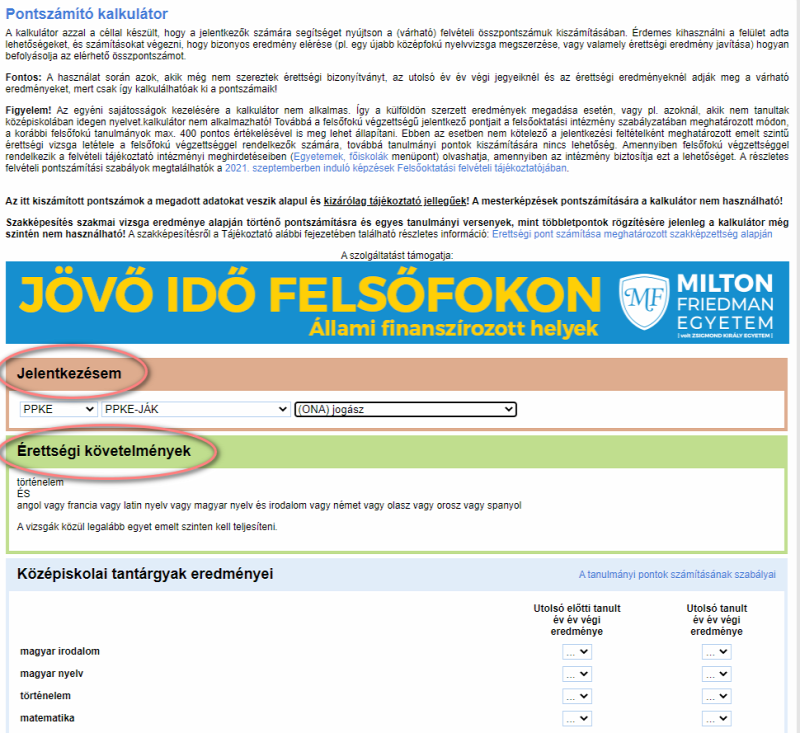 felvi.hu pontszámító kalkulátor